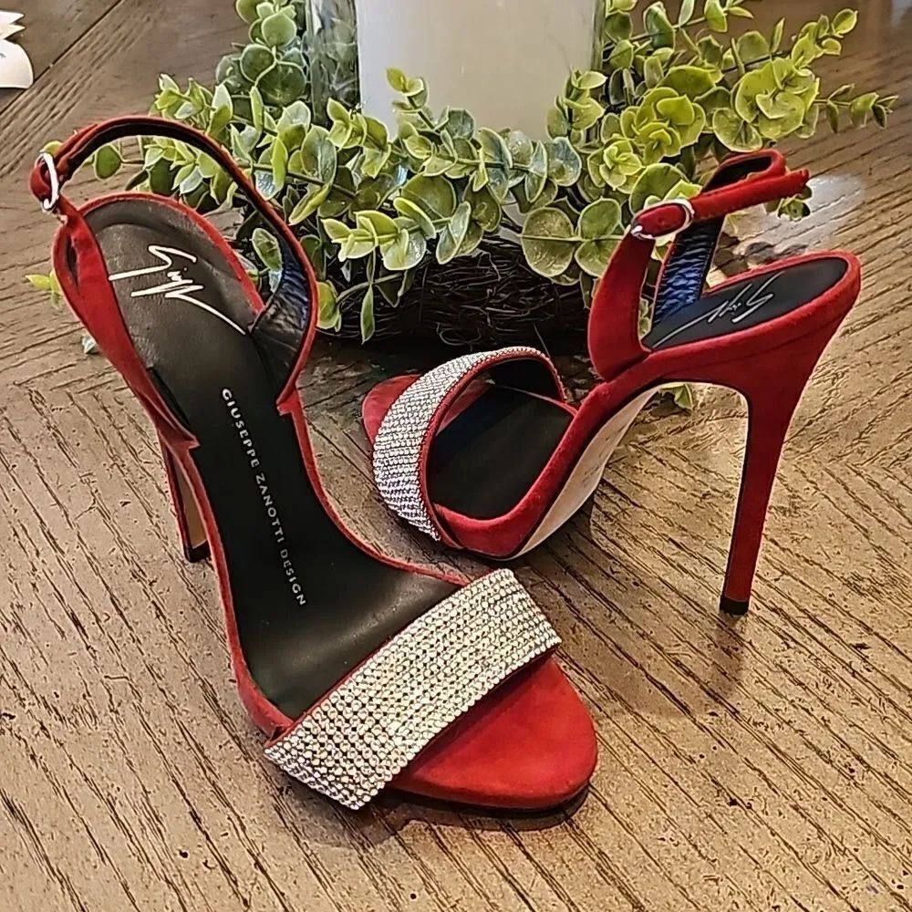 Giuseppe Zanotti Design red velvet sparkle heels size 37 or 6.5-7